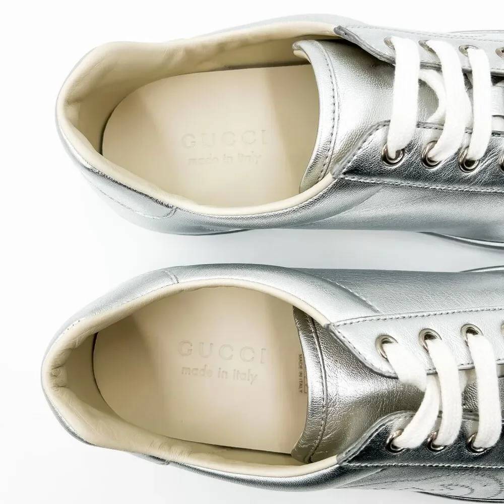 Gucci New GG Ace Silver Sneakers Interlocking G Trainers Mens